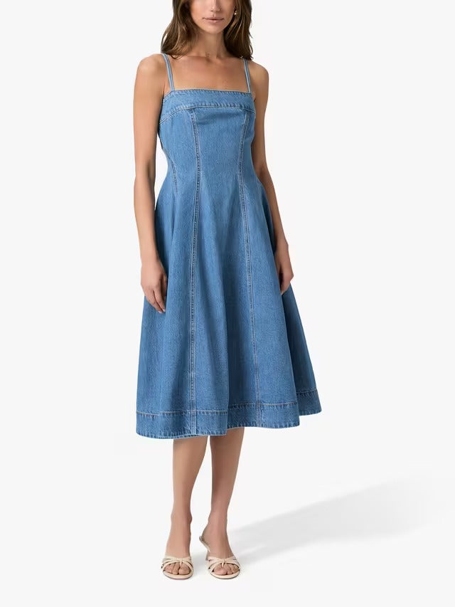PAIGE Pippa Strappy Sleeveless Square Neck Denim Midi Dress - Blue - UK 10