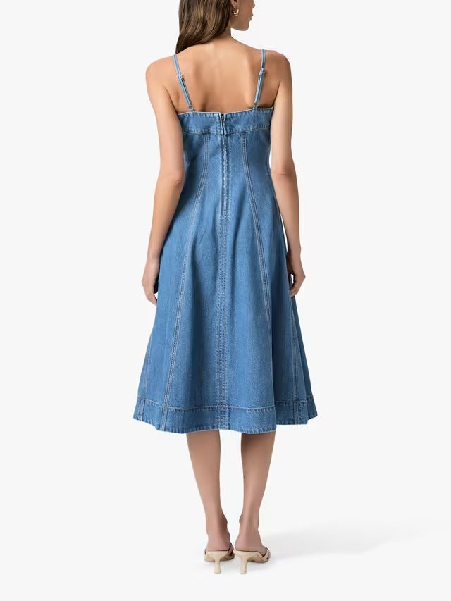 PAIGE Pippa Strappy Sleeveless Square Neck Denim Midi Dress - Blue - UK 10