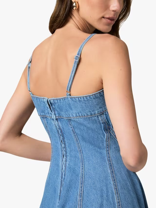 PAIGE Pippa Strappy Sleeveless Square Neck Denim Midi Dress - Blue - UK 10