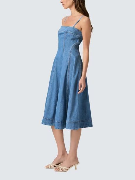 PAIGE Women's Pippa Strappy Denim Square Neck Midi Dress - Blue - UK 14