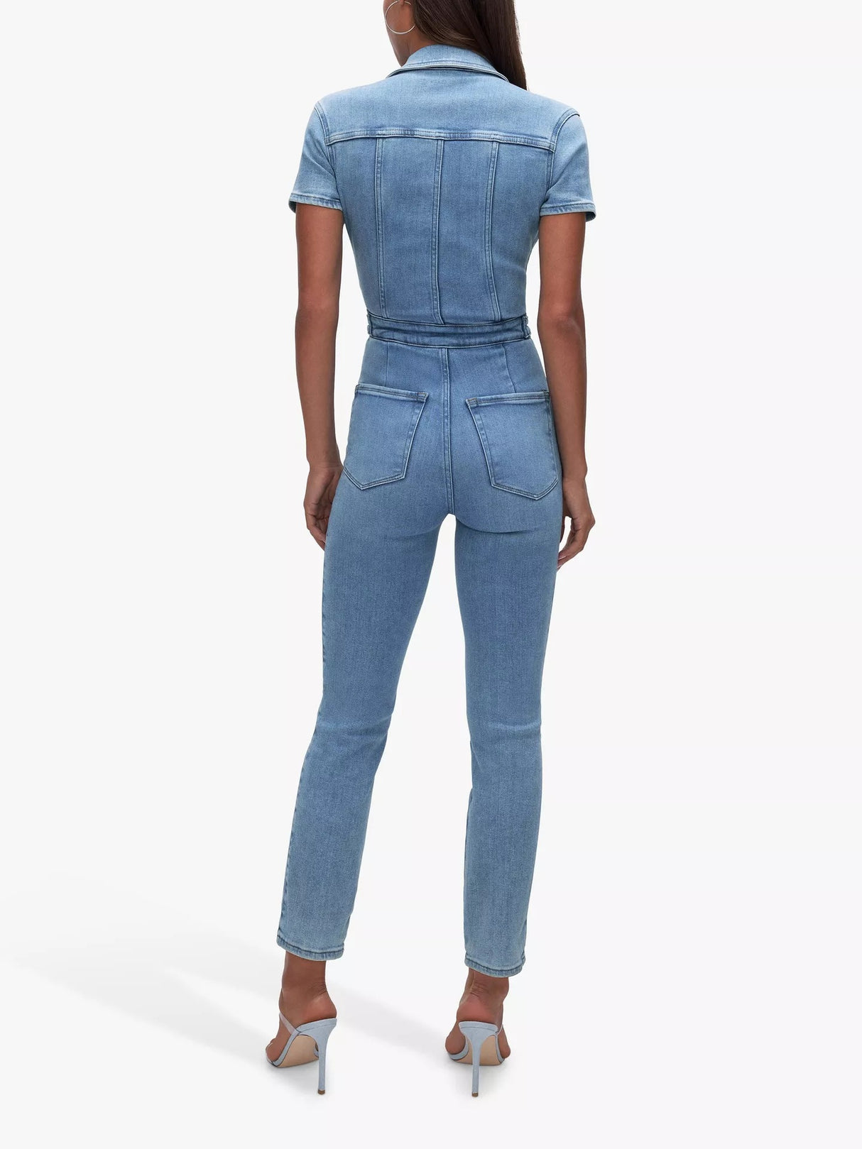 Good American Women's Short Sleeve Denim Ankle Jumpsuit - Blue - Size XL