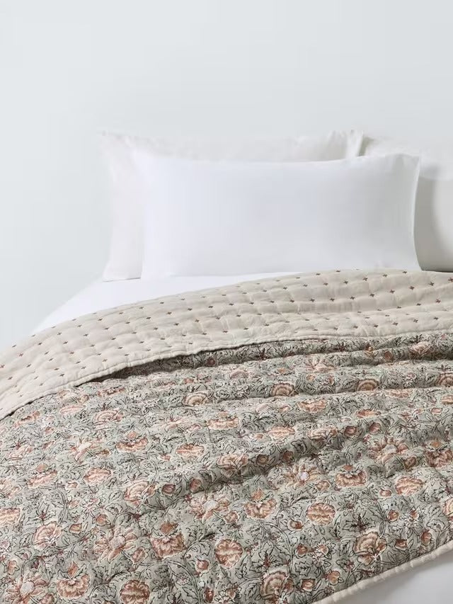 John Lewis Marigold Floral Cotton Quilted Bedspread 220 x 220cm - Grey Mid