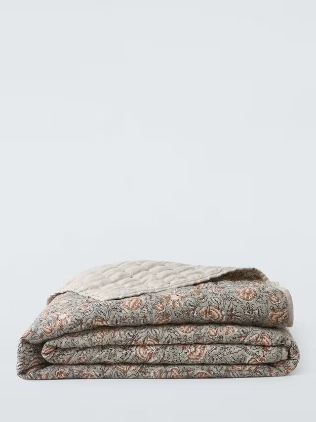 John Lewis Marigold Floral Cotton Quilted Bedspread 220 x 220cm - Grey Mid