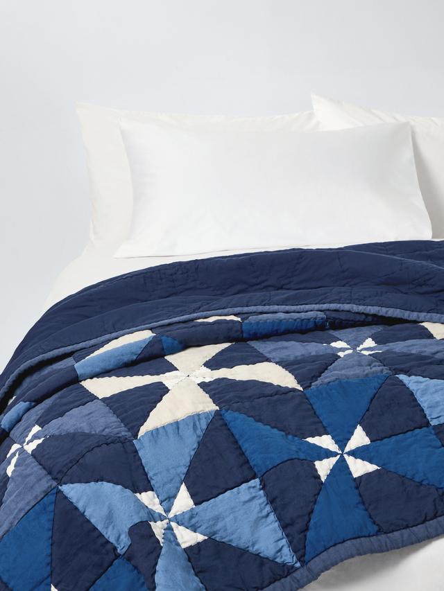 John Lewis Viento Patchwork Quilted Bedspread 220 x 220cm King Size - Blue