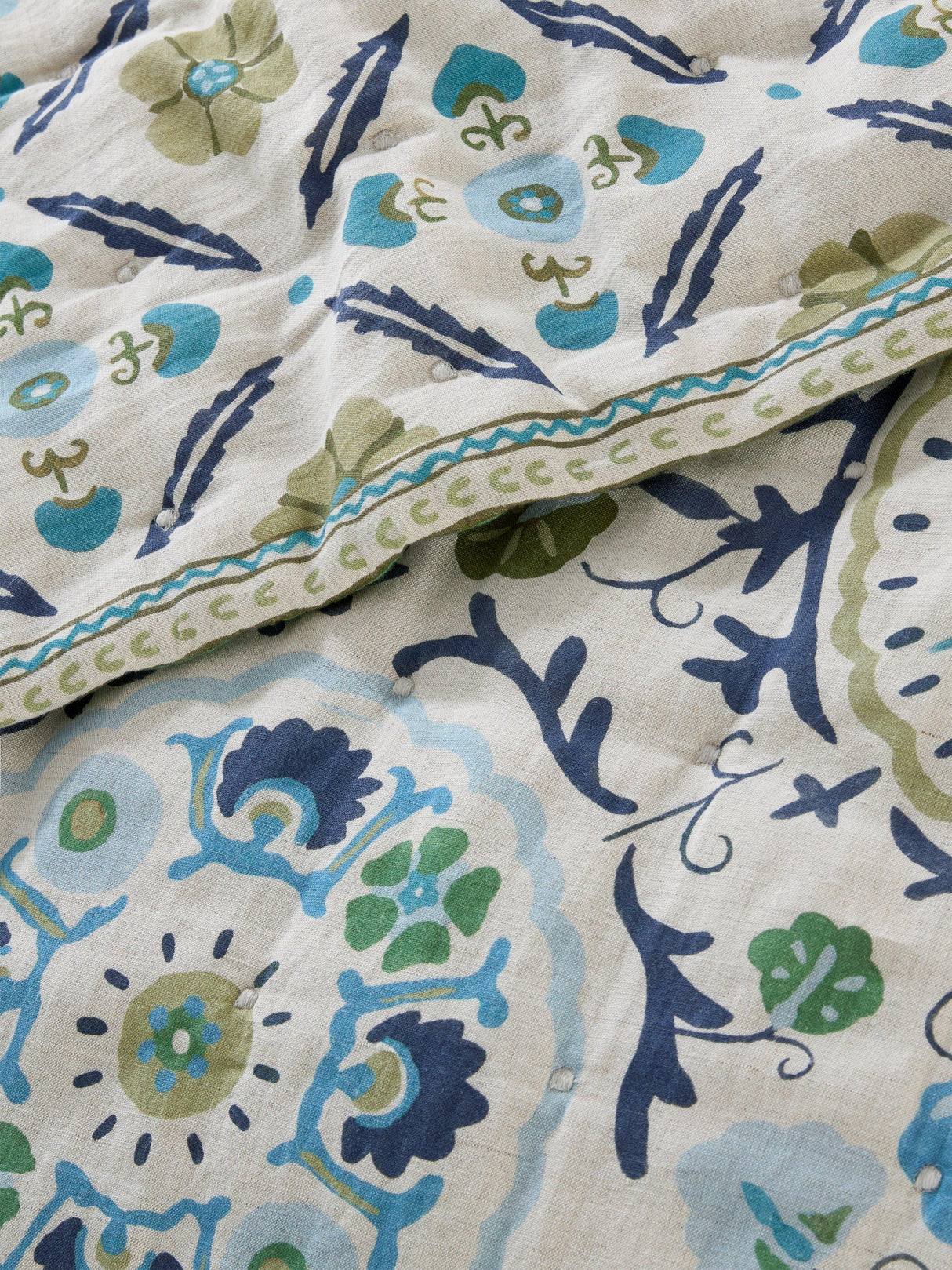 John Lewis Keya Suzani Reversible Linen 220 x 220cm Quilted Bedspread - Blue