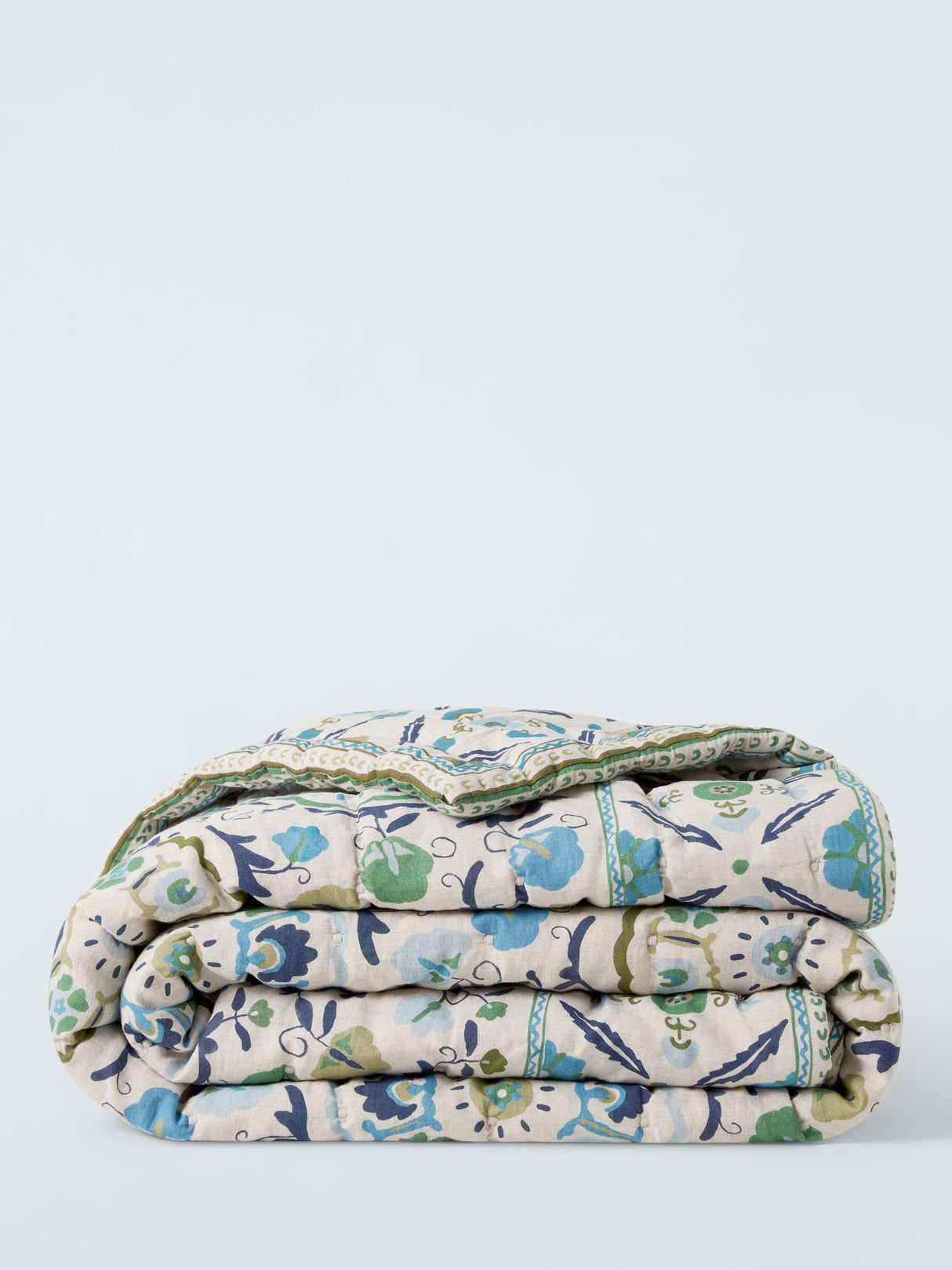John Lewis Keya Suzani Reversible Linen 220 x 220cm Quilted Bedspread - Blue