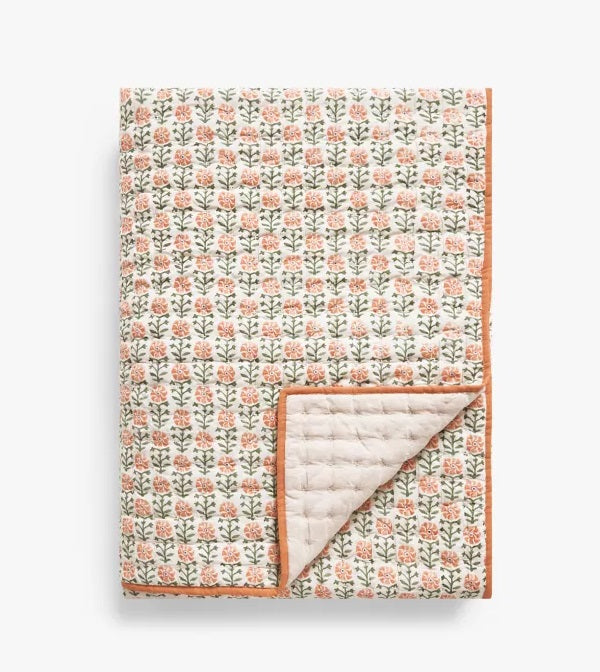 John Lewis Aria Floral Reversible Quilted Bedspread 220 x 220cm - Terracotta - Kazoop 