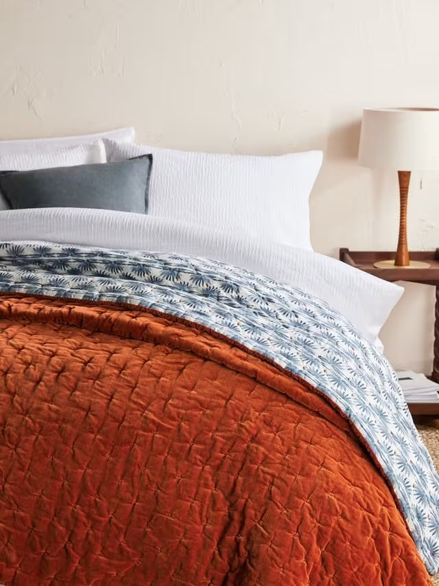 John Lewis Nyra Cotton Velvet Quilted Bedspread 220 x 220cm - Rust/Blue - Kazoop 