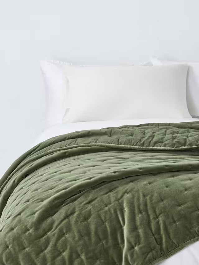 John Lewis Cotton Velvet Plain Quilted Bedspread Throw 220 x 220 cm Avocado