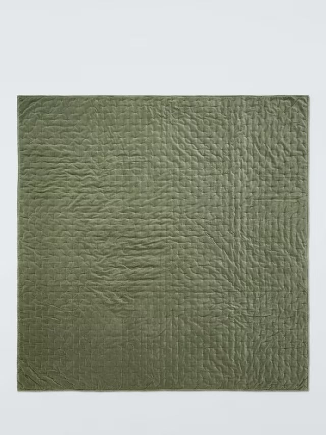 John Lewis Cotton Velvet Plain Quilted Bedspread Throw 220 x 220 cm Avocado