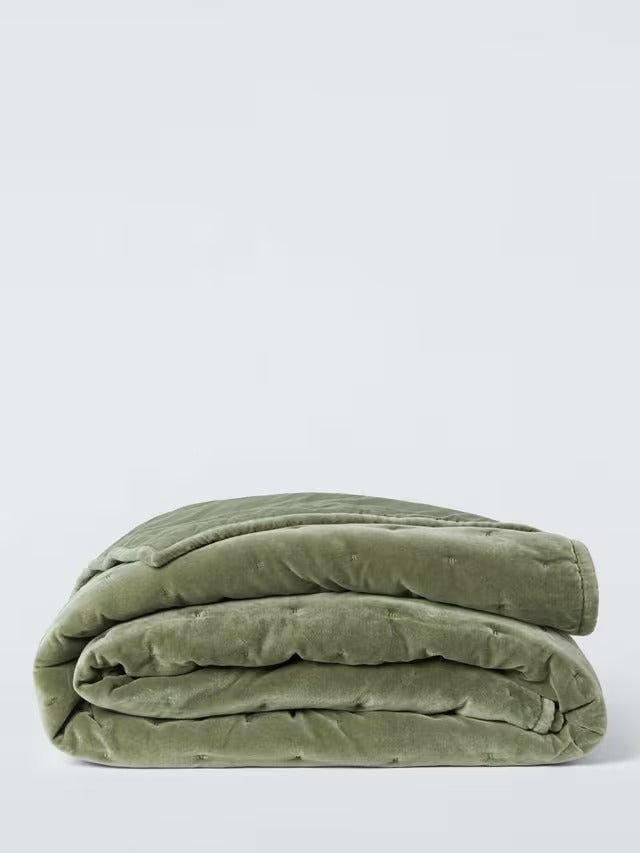 John Lewis Cotton Velvet Plain Quilted Bedspread Throw 220 x 220 cm Avocado