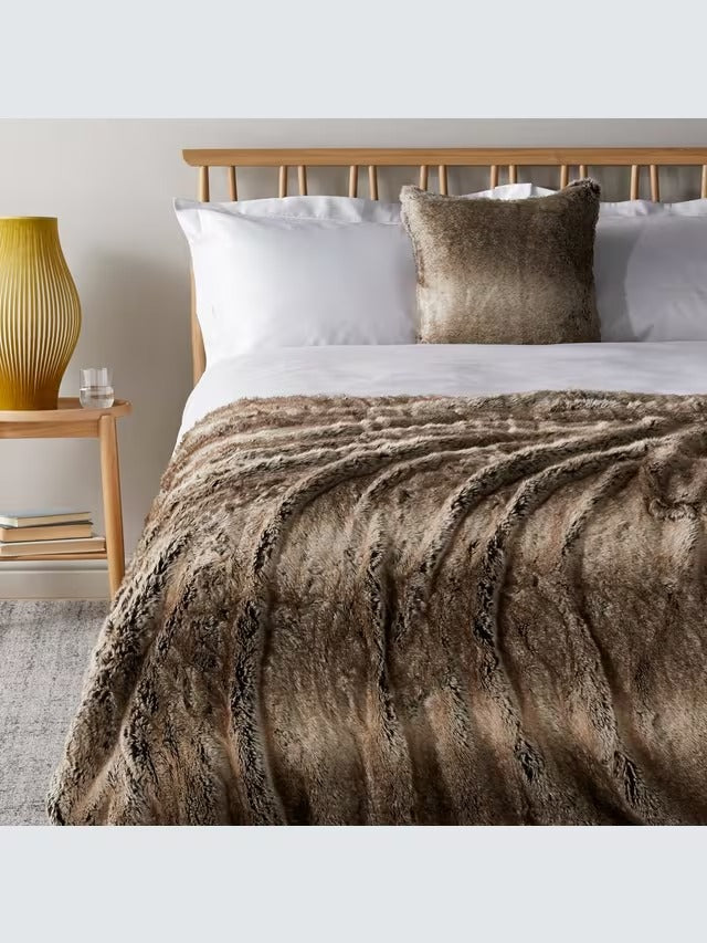 John Lewis Faux Fur Bedspread Throw Washable - Ombre Mocha - 150 x 120 cm