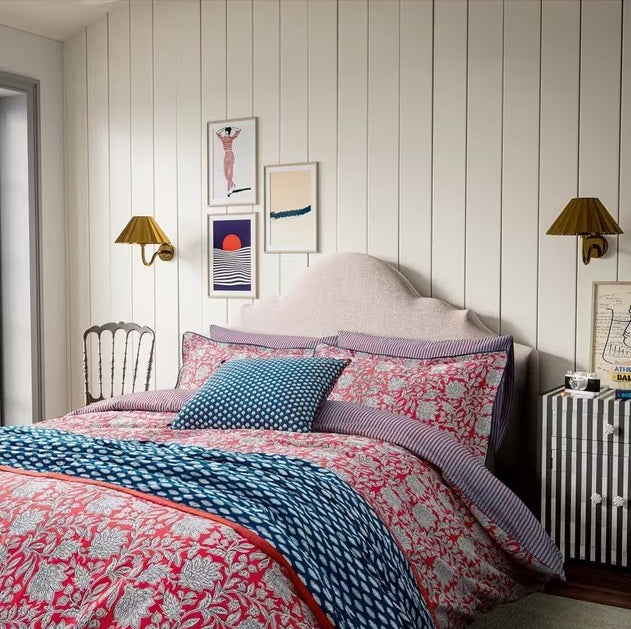 Land & Shore Rowallane Leaf Red/Blue Cotton Duvet Cover Set - Super King