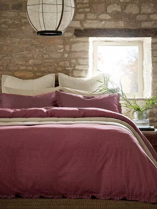 Christy Gingham Ruffle Cotton Duvet Cover Bedding Set - Red - King Size