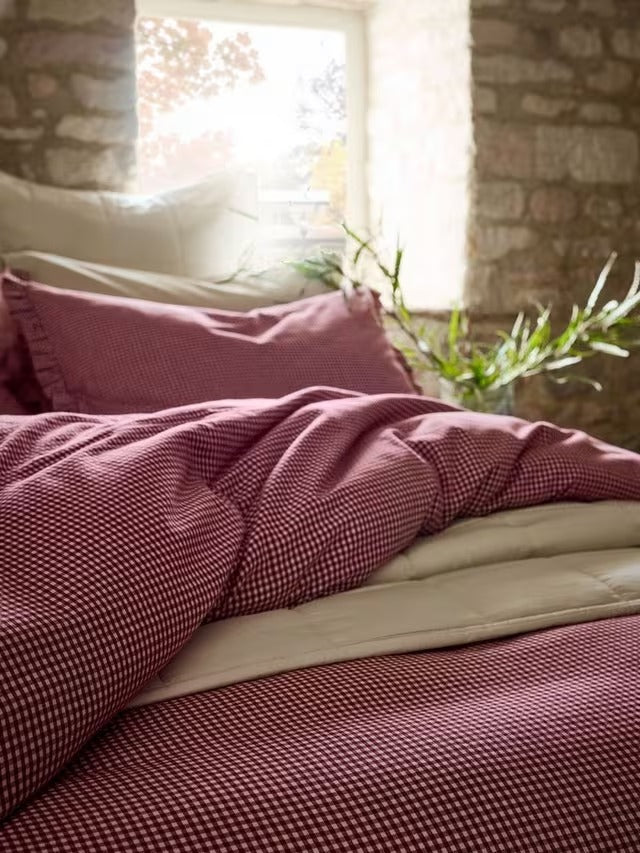 Christy Gingham Ruffle Cotton Duvet Cover Bedding Set - Red - King Size