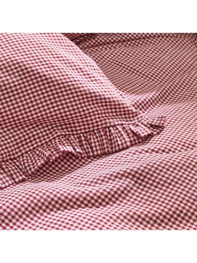 Christy Gingham Ruffle Cotton Duvet Cover Bedding Set - Red - King Size