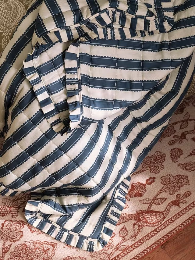 John Lewis x Sanderson Pinetum Quilted Frilled Bedspread 200 x 220cm - Blue