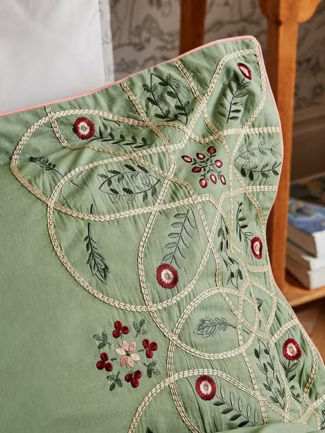 Morris & Co. Brophy Floral Embroidery Cotton Double Duvet Cover Set - Green