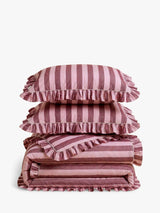 TBCo Stripe 200TC Cotton Double Duvet Cover Set Ruffle Edge Pink Burgundy
