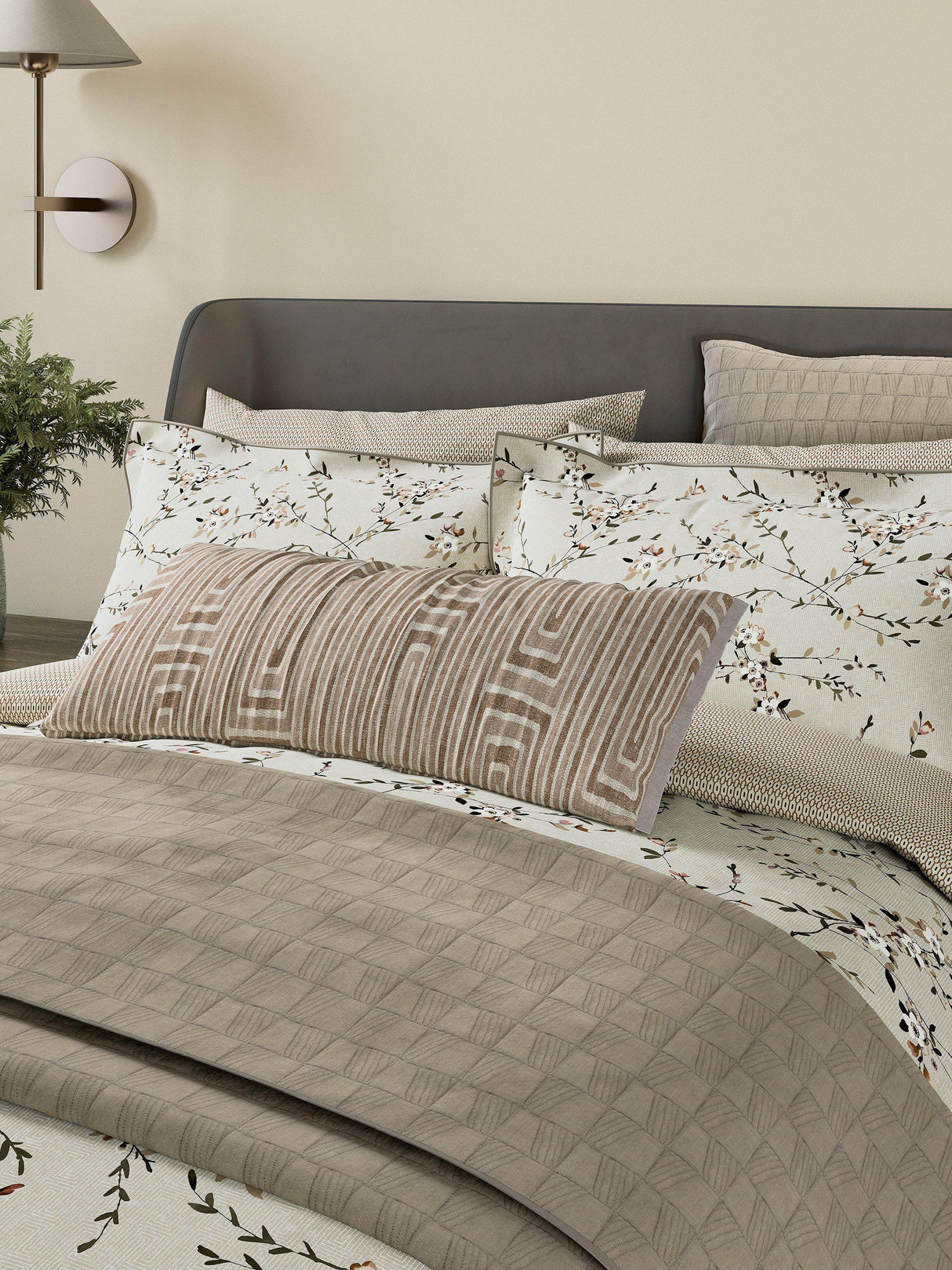 Bedeck of Belfast Rana 200TC Cotton Floral King Duvet Cover Set - Warm Grey