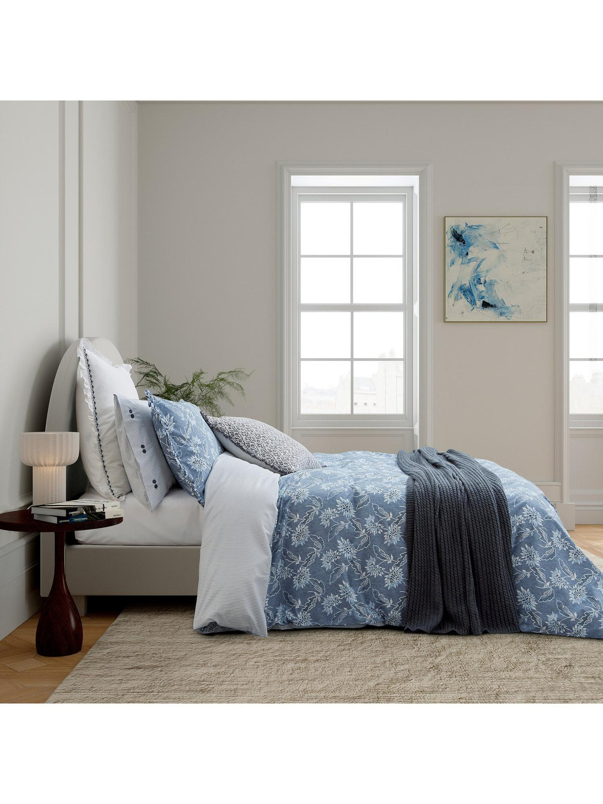 Bedeck of Belfast Floral Cotton Super King Duvet Cover Set - Blue Chambray