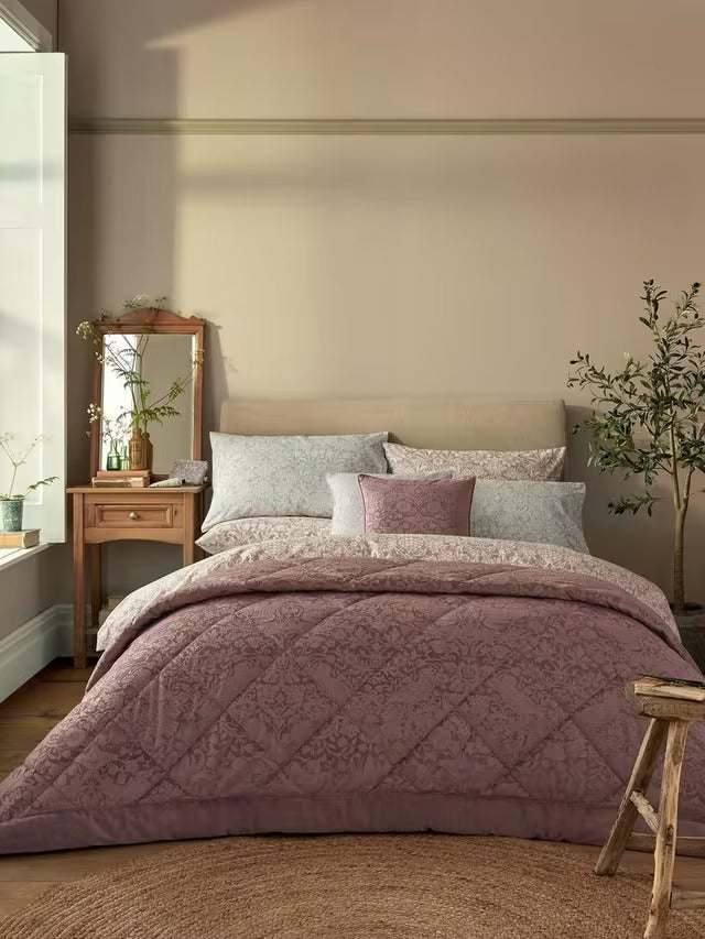 William Morris Strawberry Thief Quilted Bedspread 235 x 235cm - Tea Rose