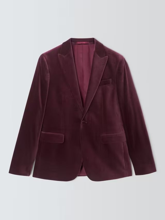 John Lewis Men's Slim Fit Single Breasted Velvet Blazer Jacket - Grape - 46R