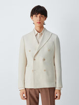 John Lewis Tweed Cotton Linen Blend Double Breasted Blazer - Ecru - Size 42R