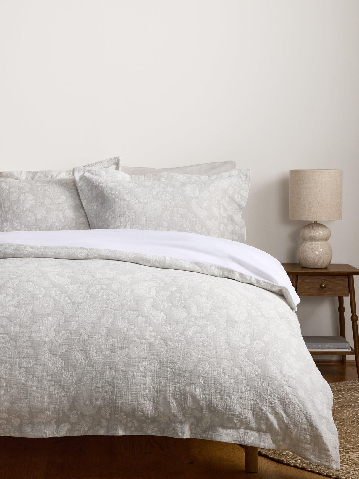 John Lewis Woodblock Floral 180TC Cotton Duvet Cover Set - Grey - King Size