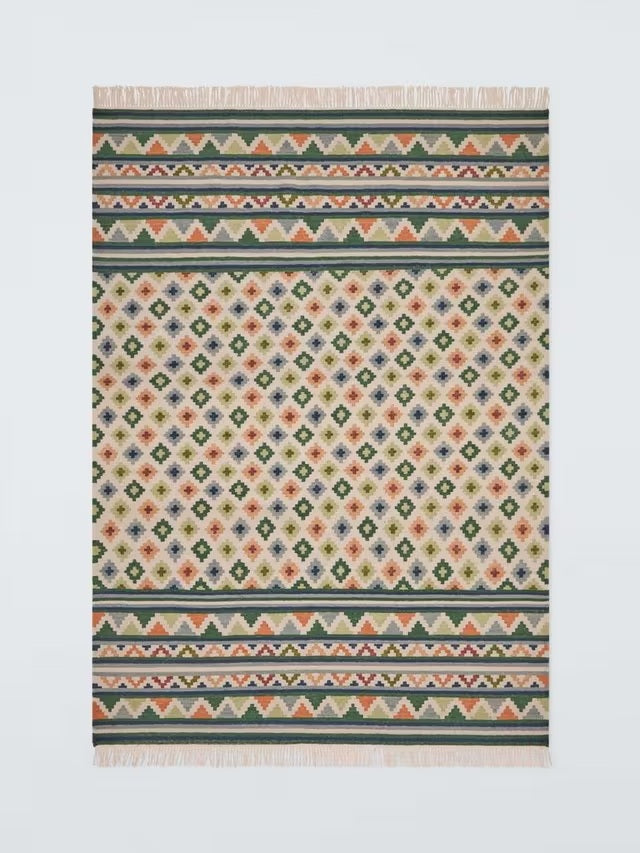 John Lewis Mori Geometric Wool Blend Border Rug L240 x W170cm - Green/Multi