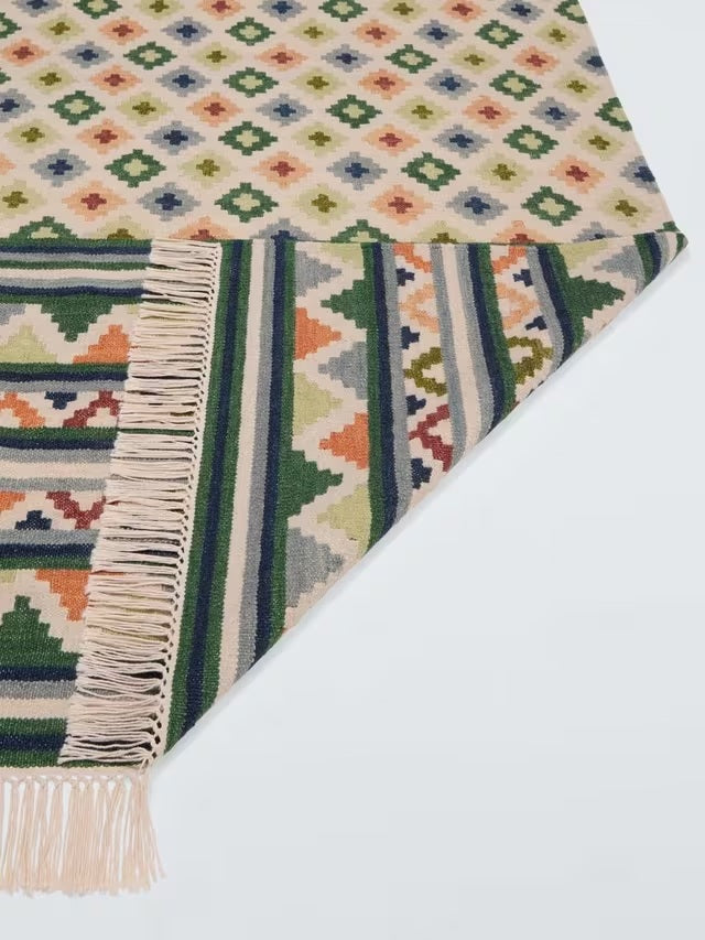 John Lewis Mori Geometric Wool Blend Border Rug L240 x W170cm - Green/Multi