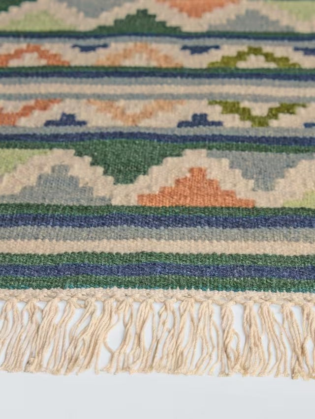 John Lewis Mori Geometric Wool Blend Border Rug L240 x W170cm - Green/Multi