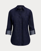 Ralph Lauren Men's Denim Roll-Tab-Sleeve Collared Shirt - Dark Blue - Small