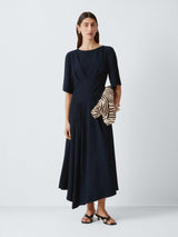 John Lewis Asymmetric Fit & Flare Short Sleeve Drape Midi Dress - Navy UK 8