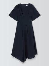 John Lewis Asymmetric Fit & Flare Short Sleeve Drape Midi Dress - Navy UK 8