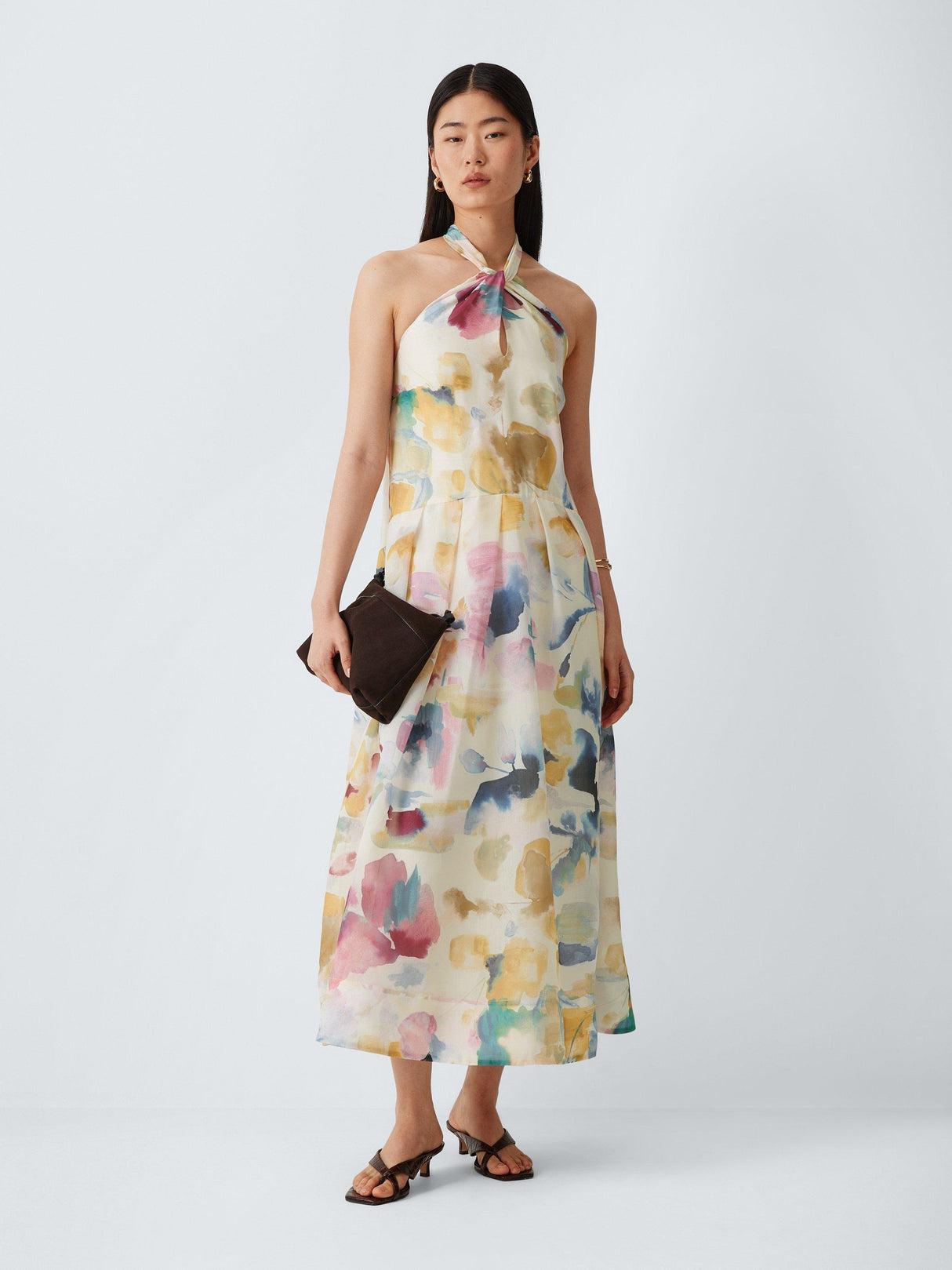 John Lewis Abstract Print Floral Halterneck Keyhole Midi Dress UK10 - Multi