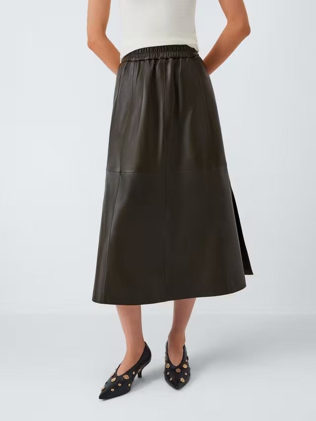 John Lewis Plain Leather Smart Casual A-Line Midi Skirt - Olive - UK Size 14