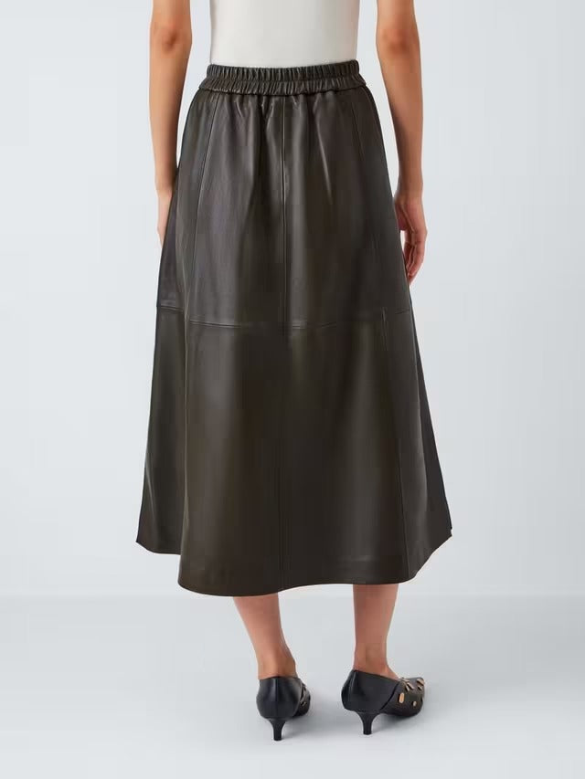 John Lewis Plain Leather Smart Casual A-Line Midi Skirt - Olive - UK Size 14