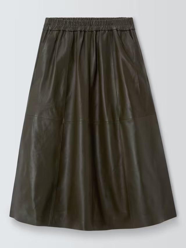 John Lewis Plain Leather Smart Casual A-Line Midi Skirt - Olive - UK Size 14