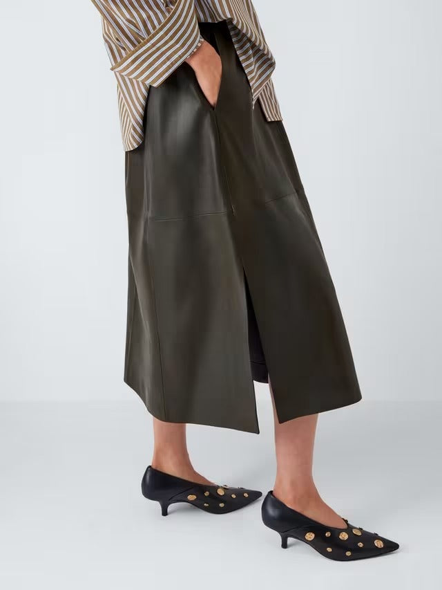 John Lewis Plain Leather Smart Casual A-Line Midi Skirt - Olive - UK Size 14