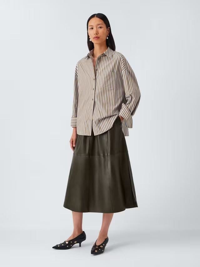 John Lewis Plain Leather Smart Casual A-Line Midi Skirt - Olive - UK Size 14