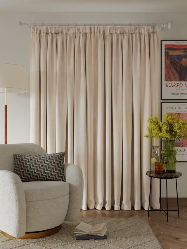John Lewis Velvet Pair Lined Pencil Pleat Curtains W228 x Drop137cm - Putty
