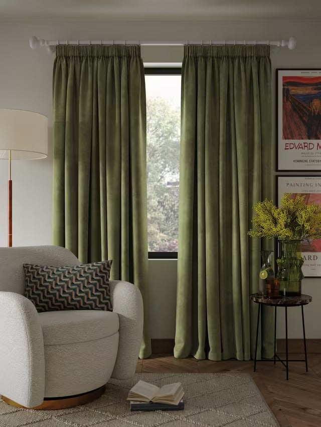John Lewis Velvet Pair Lined Pencil Pleat Curtains W228 x D137cm - Avocado