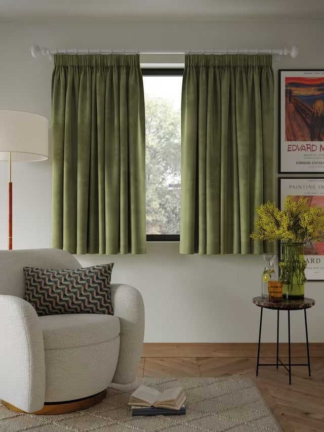 John Lewis Velvet Pair Lined Pencil Pleat Curtains W228 x D137cm - Avocado