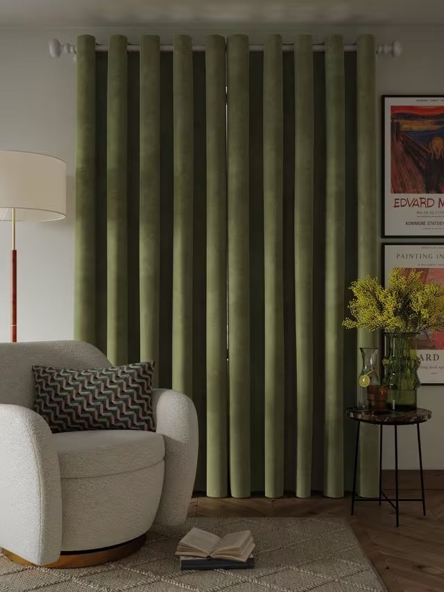John Lewis Velvet Pair Lined Eyelet Curtains W167 x D228cm - Avocado Green