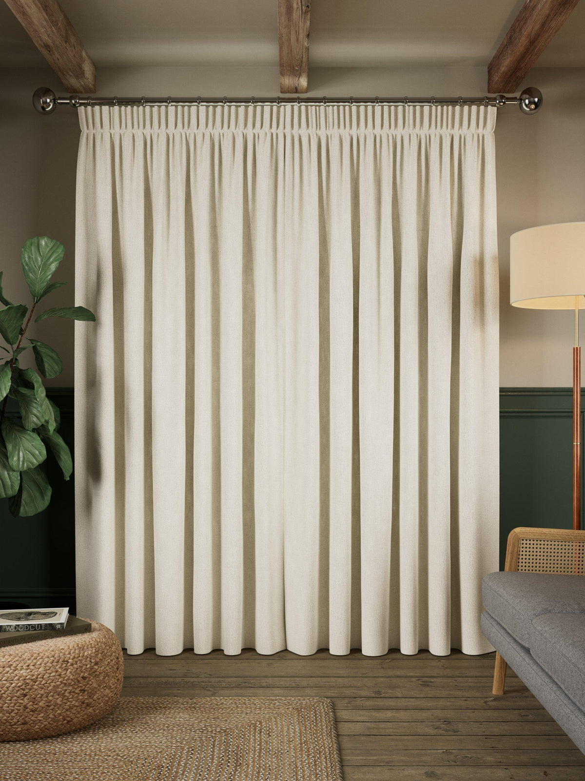 John Lewis Linen Look Pair Lined Pencil Pleat Curtains 228 x 137cm - Cream