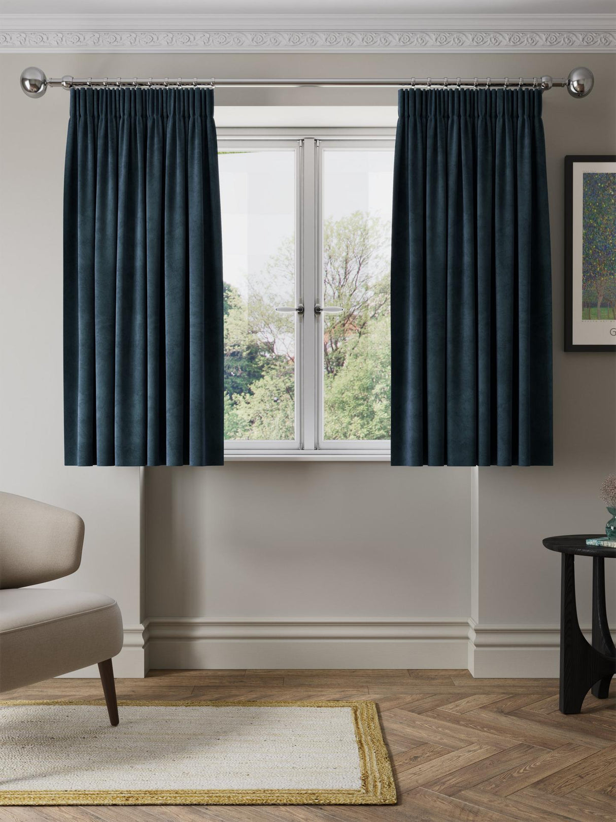John Lewis Matte Velvet Blackout Curtains Navy Pencil Pleat  228 x 228cm
