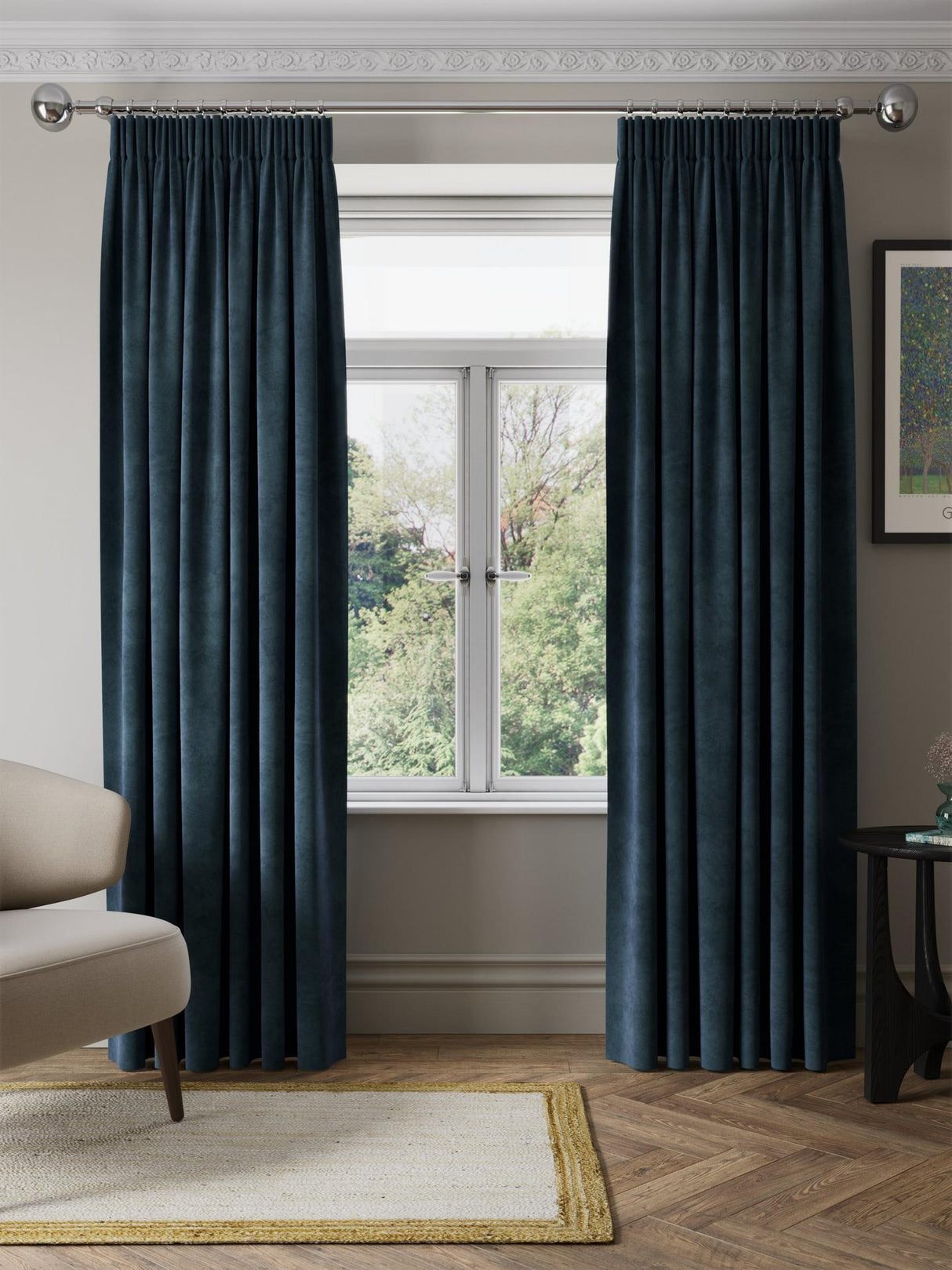 John Lewis Matte Velvet Blackout Curtains Navy Pencil Pleat  228 x 274cm