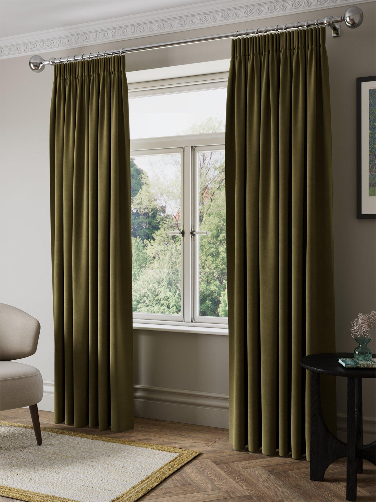 John Lewis Matte Velvet Blackout Pencil Pleat Curtains 228 x 228 Dark khaki