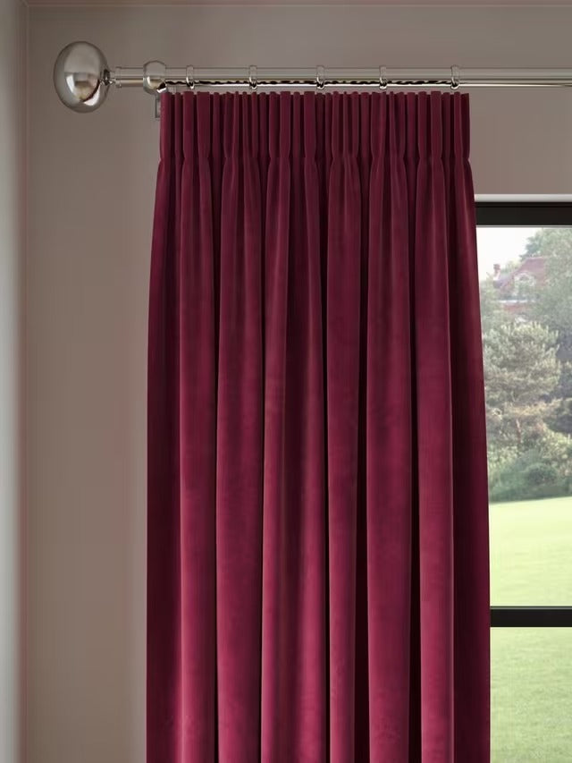 John Lewis Velvet Pair Lined Pencil Pleat Curtains W228 x D137cm - Damson